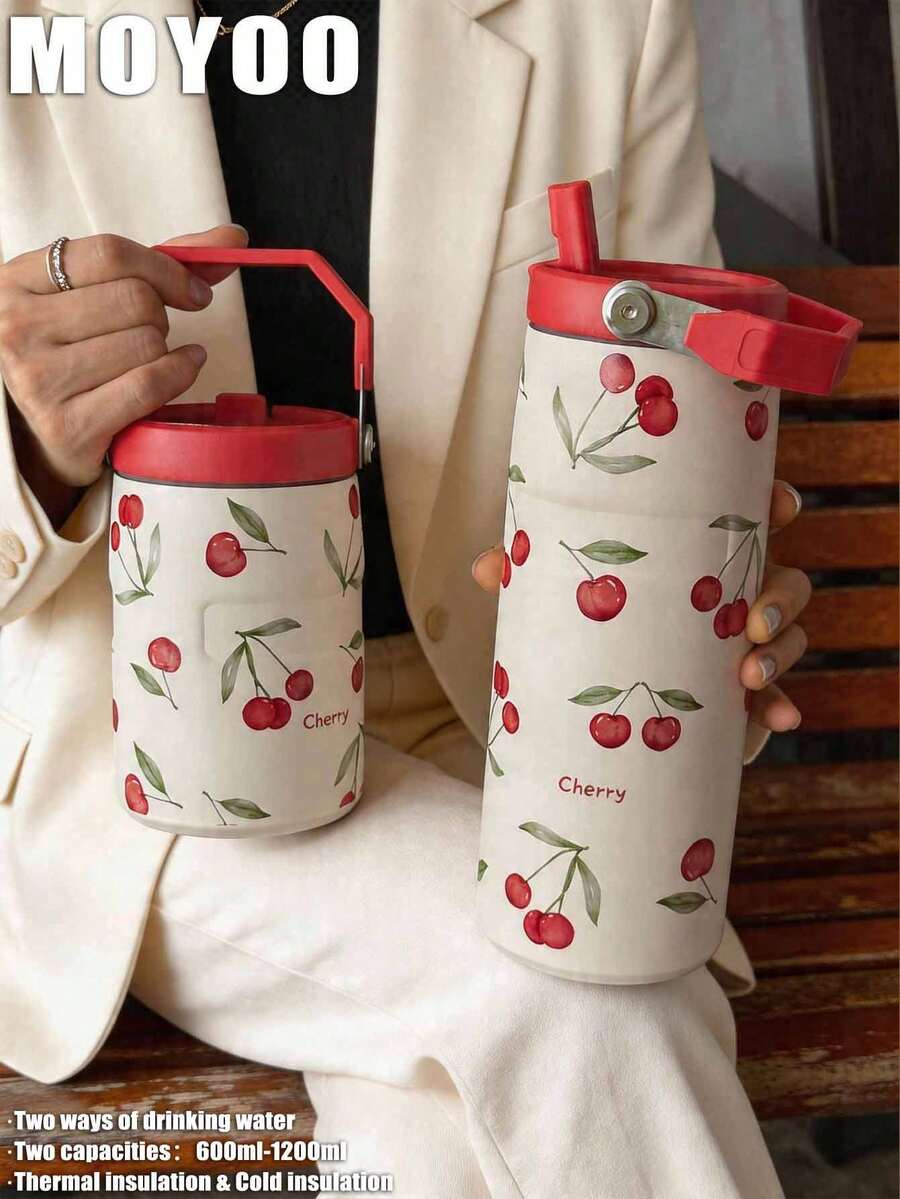 1pc 1200ml Stainless Steel Double Wall Vacuum Insulated Cherry Blossom Water Bottle, Large Capacity Travel Mug, Coffee Cup, Tumbler, Suitable For Travel, Home, Gym, Outdoor, School, Office, Birthday Gift, Back To School Gift, Holiday Gift, Gift For Family, Gift For Friends