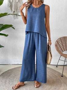 Conjunto de top sin mangas y pantalones de pierna ancha con parte posterior de malla de encaje para mujer, color albaricoque, para primavera/verano - Azul - Ver 4
