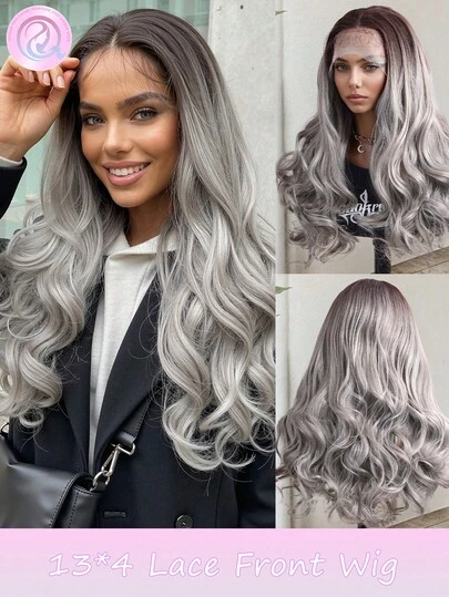 Gray Ombre/Multicolor 24 Inch Long Hair Wig , Suitable For All Races 13 * 4 Lace Front Wig Body Wave Hair Wig Synthetic Lace Wig Heat-Resistant Straight Hair Wig That Can Be Worn And Taken Away Wig Natural Style Wig Suitable For Women To Use Elastic Mesh Cap Suitable For Daily Life, Festivals, Parties