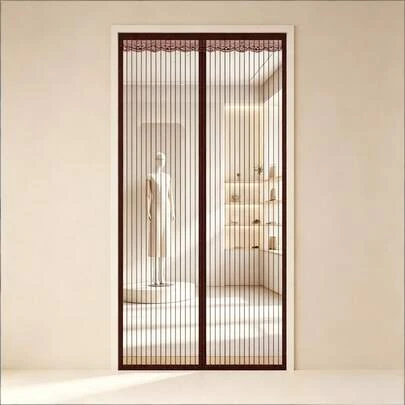 Rèm cửa chống muỗi bằng lụa băng, họa tiết sọc cà phê, thiết kế băng dính ma thuật, lắp đặt không cần khoan, tự đóng bằng nam châm, an toàn cho trẻ em và thú cưng, phù hợp cho cả nhà ở và doanh nghiệp.
