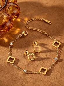 Hollow Clover Bracelet & Earrings Set, Luxury Niche Design Elegant Jewelry, Versatile Daily Wear, Ideal Gift For Girlfriend - Gold - View 4