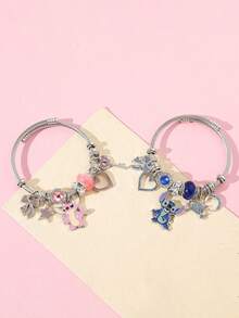 Disney Vòng tay đính đá hình trái tim với mặt dây chuyền Stitch và Thiên thần dễ thương, vòng tay hạt cườm tự làm. - Hồng - Xem 3