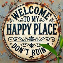 1 pièce Panneau métallique rond "Welcome To My Happy World" - Durable, facile à accrocher, convient pour la décoration de la chambre, de la cuisine, de la salle à manger, du bar - Cadeau pour la maison ou le bureau, décoration de la pièce, impression 2D plate, trous répartis aléatoirement sur les côtés supérieur, inférieur, gauche et droit - Multicolore - Voir 9