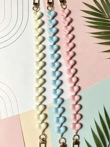 柔软如云的浅蓝色心形串珠吊坠，饰以金色装饰，可爱手机挂绳 - 彩色 - 查看 2