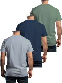 3pcs Men's Solid Color Short Sleeve T-Shirts, Alpha Letter & Flag Print Design, Loose Breathable Casual Tops For Summer - Multicolor - View 3