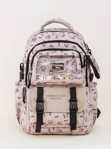 1 PC Light Pink Mother-And-Child Backpack With School Cat Pattern Travel Bag,Large Capacity Fashionable And Casual Large Capacity Portable Zipper Bags - 淺粉色 - 查看 10