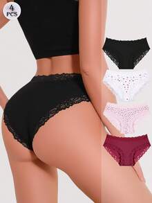 FINETOO Conjunto de 4 calcinhas biquíni femininas com detalhes em renda, estampadas e lisas. Lingerie feminina moderna e romântica, em tecido canelado macio, ideal para uso diário. - Multicolorido - Ver 3