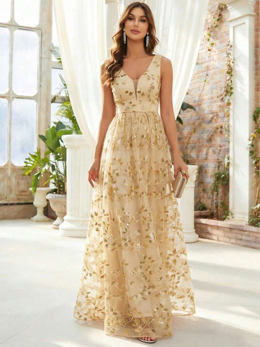 春夏V领无袖亮片刺绣A字金色派对礼服,优雅正式晚礼服,女士婚礼宾客礼服,适合毕业典礼、宴会等场合 - 金色 - 查看 1