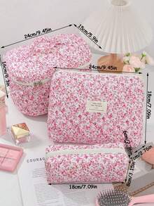 3Pcs Pink Floral Print Quilted Makeup Bag Set, Large Capacity Cosmetic Storage Bags, Portable Travel Toiletry Organizer With Zipper & Handle, Cute Aesthetic Makeup Pouch For Women - 彩色 - 查看 10