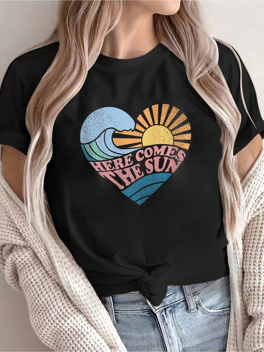 Vintage Here Comes The Sun Print T-Shirt - Oversized Loose Fit Short Crew Neck Top Suitable For - Casual Wear With Iconic Song Lyric Print - 黑色 - 查看 1