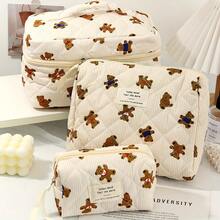1pc Beige Striped Cute Bear Decor Zipper Multifunctional Cosmetic Bag, Can Be Used To Store Cosmetics, Toiletries, Hand Creams, Lip Balms, Nail Polish, Phones, Earphones, Sanitary Pads, Coins And Small Items - Multicolor - View 2