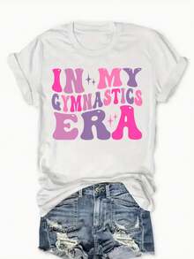 Camiseta corta Sve pura casual de las mujeres | En mi era de gimnasia estampado de patrón festivo, cuello redondo de moda, ajuste cómodo, adecuado para todas las estaciones, tela duradera - Blanco - Ver 2