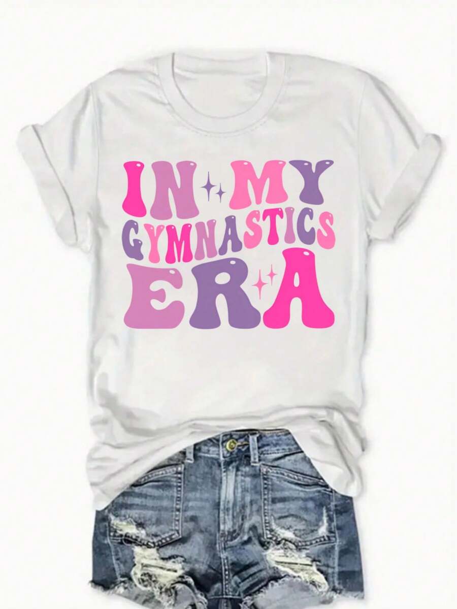 Camiseta corta Sve pura casual de las mujeres | En mi era de gimnasia estampado de patrón festivo, cuello redondo de moda, ajuste cómodo, adecuado para todas las estaciones, tela duradera