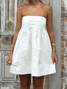 Women Tube Dress Solid Color A-Line Dress Strapless Dress Summer Backless Mini Dress - White - View 2