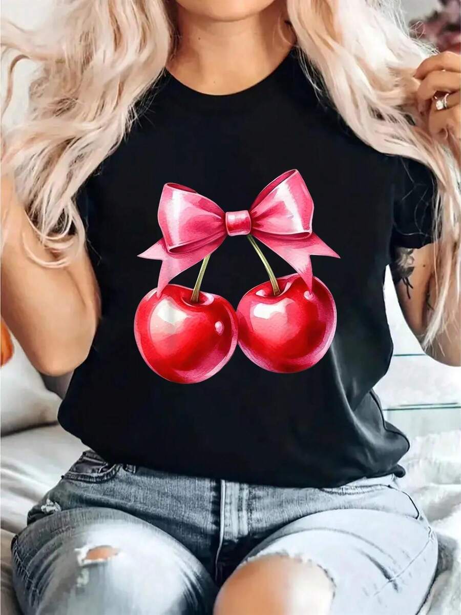 Ladies' Black Cherry & Bow Design T-Shirt - Relaxed Fit Casual Crew Neck Short Sleeve Top, Breathable, Machine Washable Spring Summer Fashion Tee, Women'S T-Shirts