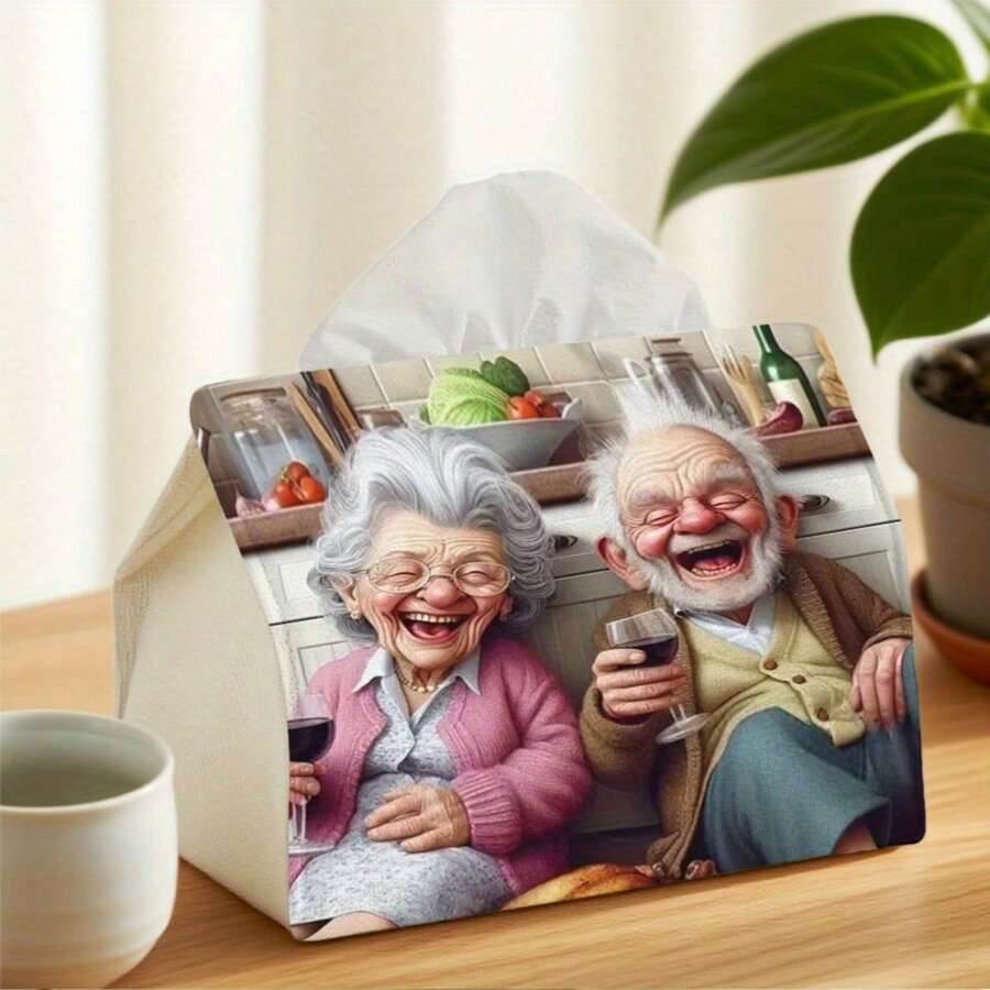 Gewebe-Taschentuchbox mit bedrucktem Motiv eines älteren Paares, kreative Cartoon-Großvater- und Großmutter-Muster Servietten-Halter für Schreibtisch, Wohnzimmer, Schlafzimmer, Küche Dekoration, sinnvolles Geschenk für Senioren - Verschiedenfarbig - Übersicht 1