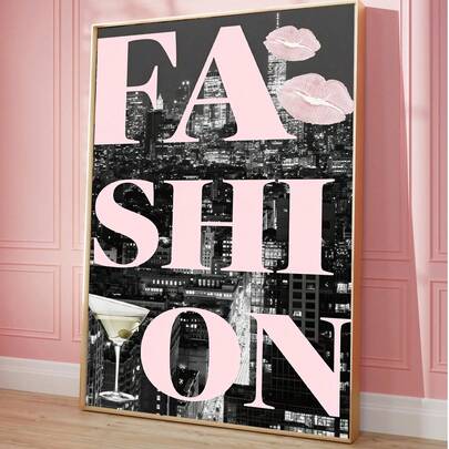 1 Piece Frameless Pink City Nightscape Black And White Wall Art, Urban Aesthetics Canvas Print, Modern Metropolis Decor For Living Room, Bedroom, Dorm, Stylish Poster