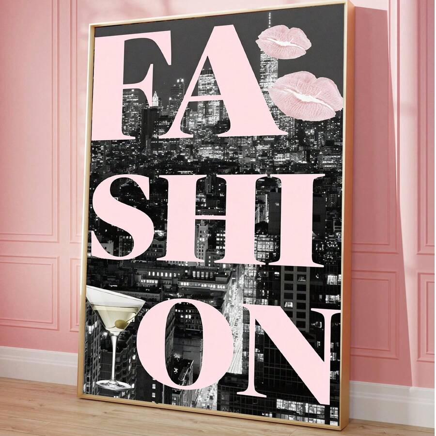 1件無框粉色時尚城市夜景黑白牆面藝術都市美學帆布印畫現代大都市裝飾客廳臥室宿舍裝飾海報 - 彩色 - 查看 1