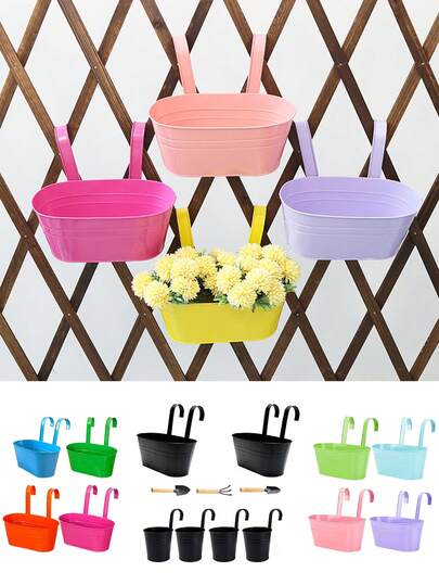 Detachable Metal Iron Wall Hanging Flower Pot, Sturdy Planter Pot With Removable Hook, Suitable For Railing, Fence, Balcony, Yard, Indoor Decor, Detachable Iron Hanging Bucket, Oval-Shaped Metal Balcony Hanging Flower Pot, Garden Fence Hanging Bucket Planter