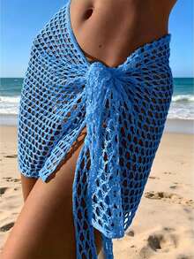Women Beach Skirt, Cover-Up Skirt Hollowed Solid Summer Mini Knitted Skirt For Vacation SeasideCoachela Festival Swimsuits For Woman, Bathing Suits For Women, Trajes De Baño Mujer - 藍色 - 查看 1