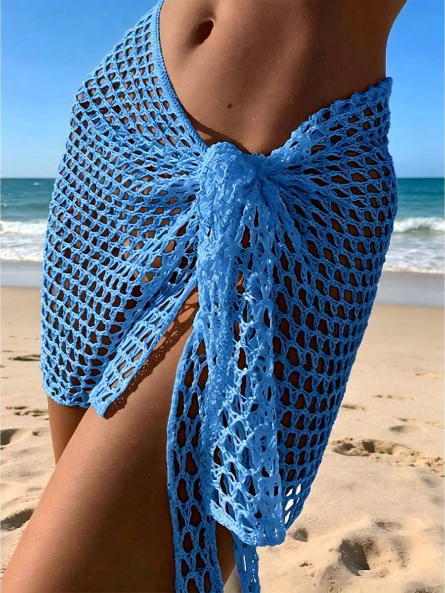 Women Beach Skirt, Cover-Up Skirt Hollowed Solid Summer Mini Knitted Skirt For Vacation SeasideCoachela Festival Swimsuits For Woman, Bathing Suits For Women, Trajes De Baño Mujer - 藍色 - 查看 1