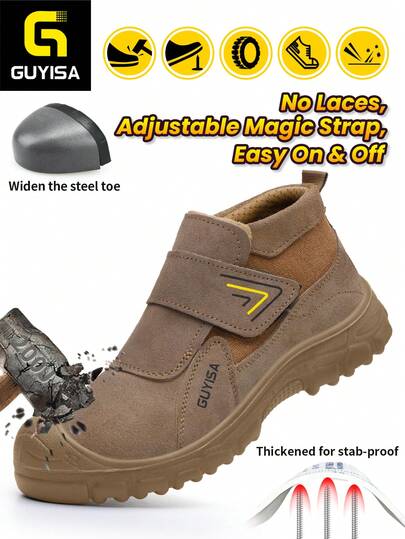 GUYISA 防砸防刺耐磨绒面革防火花隔热焊接系列中帮防护鞋。欧盟标准钢头防护，略重但超强！（鞋码为中国尺码，请注意国际换算！如鞋码偏大，请选择小一码）（鞋底为一体成型实心注塑，小孔为材质本身原因，非质量问题）