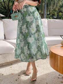 Falda midi de verano con estampado floral, estilo bohemio, ideal para fiestas y vacaciones - Verde - Ver 1