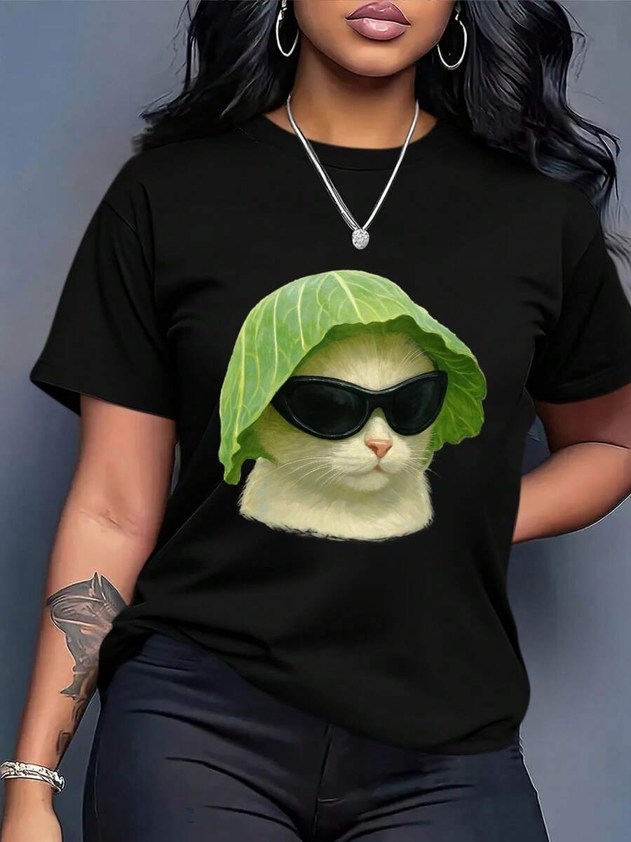 Plus Size Women's Loose Fit Crew Neck T-Shirt - Cat And Cabbage Design, Breathable, Casual Summer Wear, Simple, Stylish, Comfortable For All Seasons. Women's Summer Graphic Tees, Casual Short Sleeve Crew Neck Printed T-Shirt, Spring/Summer Local Urban Fashion. - 黑色 - 查看 1