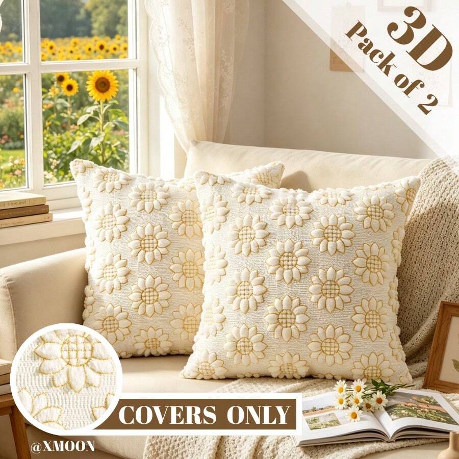 1 chiếc vỏ gối thêu hoa cúc 3D bằng lông thỏ giả, kích thước 18x18 inch, phong cách tối giản Cottagecore Preppy, thích hợp cho trang trí phòng ngủ, phòng khách và ghế sofa. - màu trắng ngà - Xem 1