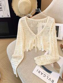 2026 New Sweet Style Sunscreen Cardigan, Hollow Crochet V-Neck With Ties, Short Long-Sleeve Top - Red/ - View 8