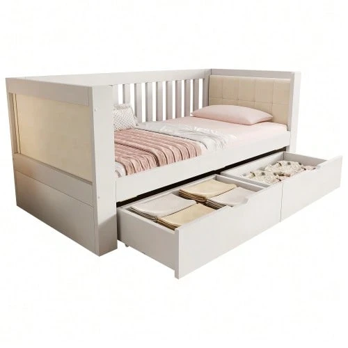White Sofa Bed 90 X 200 Cm With 2 Drawers, Wooden Frame, Chaise Longue With Rounded Armrests And Comfortable Backrest, Ideal For Small Apartments Or Studios, Easy Assembly, Mattress Not Included - White - View 1