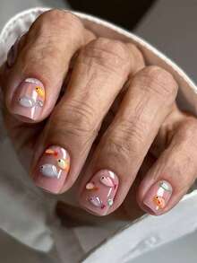 24pcs Cute Square Pink Short Painted Fish Scale Pattern False Nails, Women Summer Manicure - Multicolor - View 1