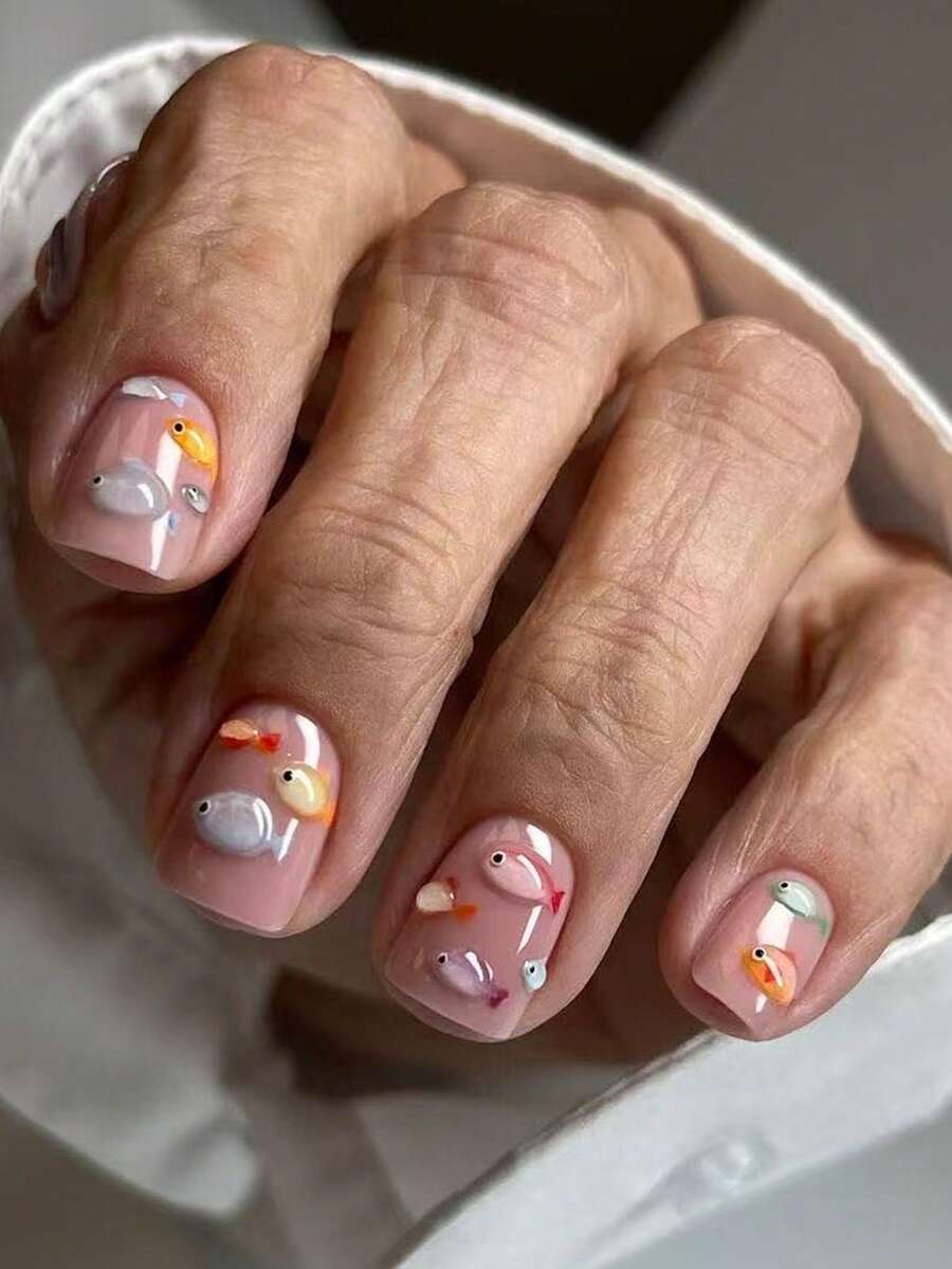 24pcs Cute Square Pink Short Painted Fish Scale Pattern False Nails, Women Summer Manicure - Multicolor - View 1