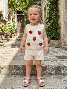 Conjunto de Pantalones Cortos para Bebé Niña Pequeña con Aplicaciones de Fresa/Cereza/Flor, Camisetas sin Mangas y Pantalones Cortos, Conjunto de Verano de 2 Piezas de Tejido Waffle - Albaricoque - Ver 3
