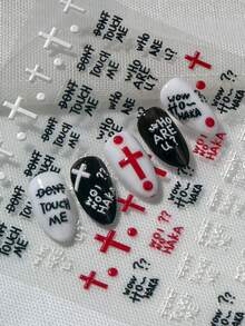 1 Sheet Dark Edgy 6D Embossed Nail Art Stickers, Includes Black, White, Red Cross, Personalized English Slogans (DON'T TOUCH ME/Who Are U?), Suitable For Street Style, Dark Aesthetic, Personalized Nails, Baddie Looks, Ideal For Subculture Enthusiasts, Baddie Girls, Students, Nail DIY Beginners, Edgy Fashionistas - Multicolor - View 2