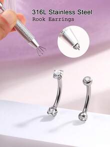 16G Rook Piercing Jewelry Internally Thread Rook Earring For Women Surgical Steel Eyebrow Piercing Jewelry 8MM Curved Barbell Vertical Labret Jewelry - Bead-grabbing Pliers + Eyebrow Stud Set - View 3