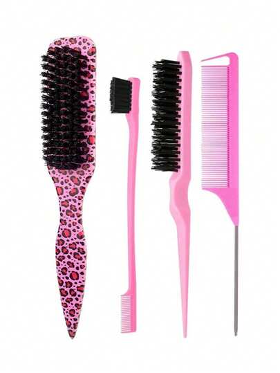 4Pcs Smooth Back Hair Brush, Soft Bristle Beard Brush, Leopard Print Comb, Floral Pattern Comb, Hair Edge Trimming Brush, Add Shine For All Hair Types, Straighten & Curl Hair, Restore Hair Texture, Daily Household Beauty Supplies