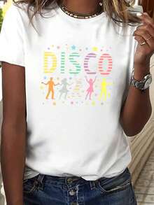 Una carta impresa camiseta para la primavera y el verano, con Sves corto y un cuello redondo, perfecto para el uso informal, fiestas elegantes y como regalo festivo para las mujeres - Blanco - Ver 2