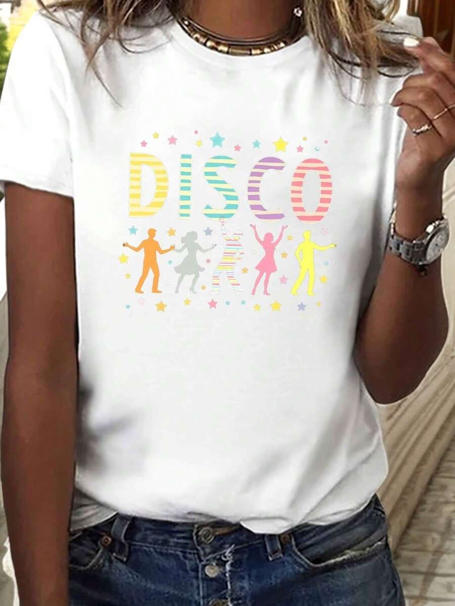 Una carta impresa camiseta para la primavera y el verano, con Sves corto y un cuello redondo, perfecto para el uso informal, fiestas elegantes y como regalo festivo para las mujeres