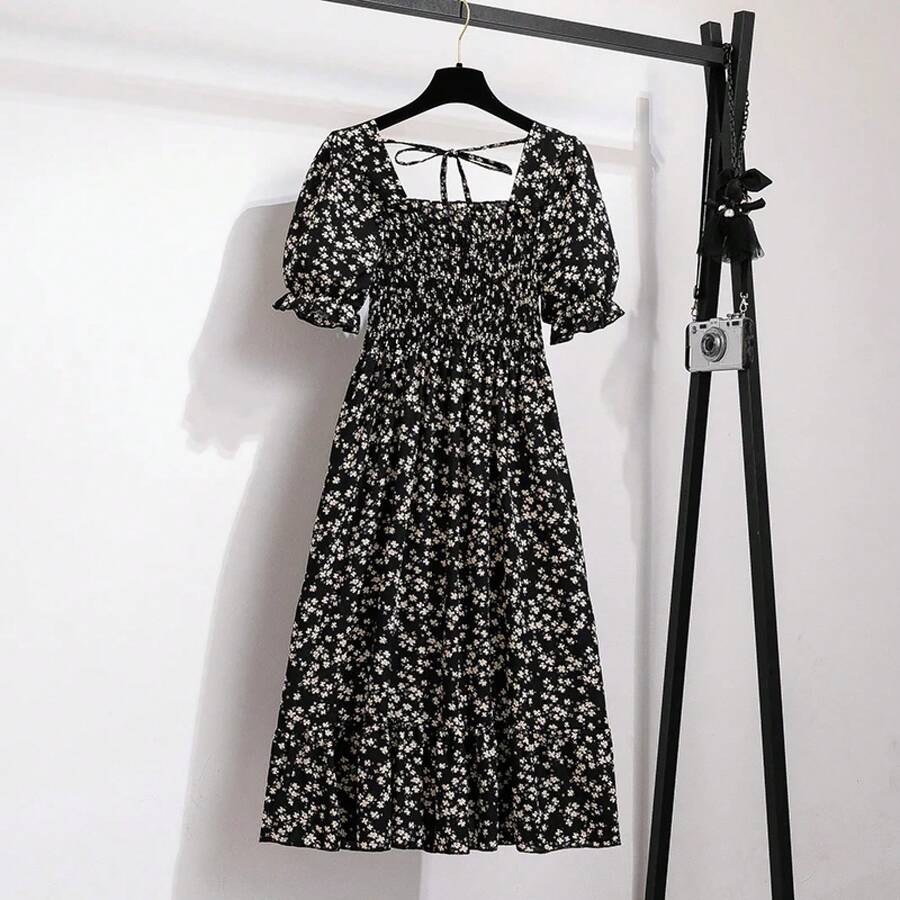 Primavera Verano Vestidos de gasa moda femenina cintura elástica manga corta plisado vestido Casual mujeres A-line Vestidos - heisexiaohua - Ver 1