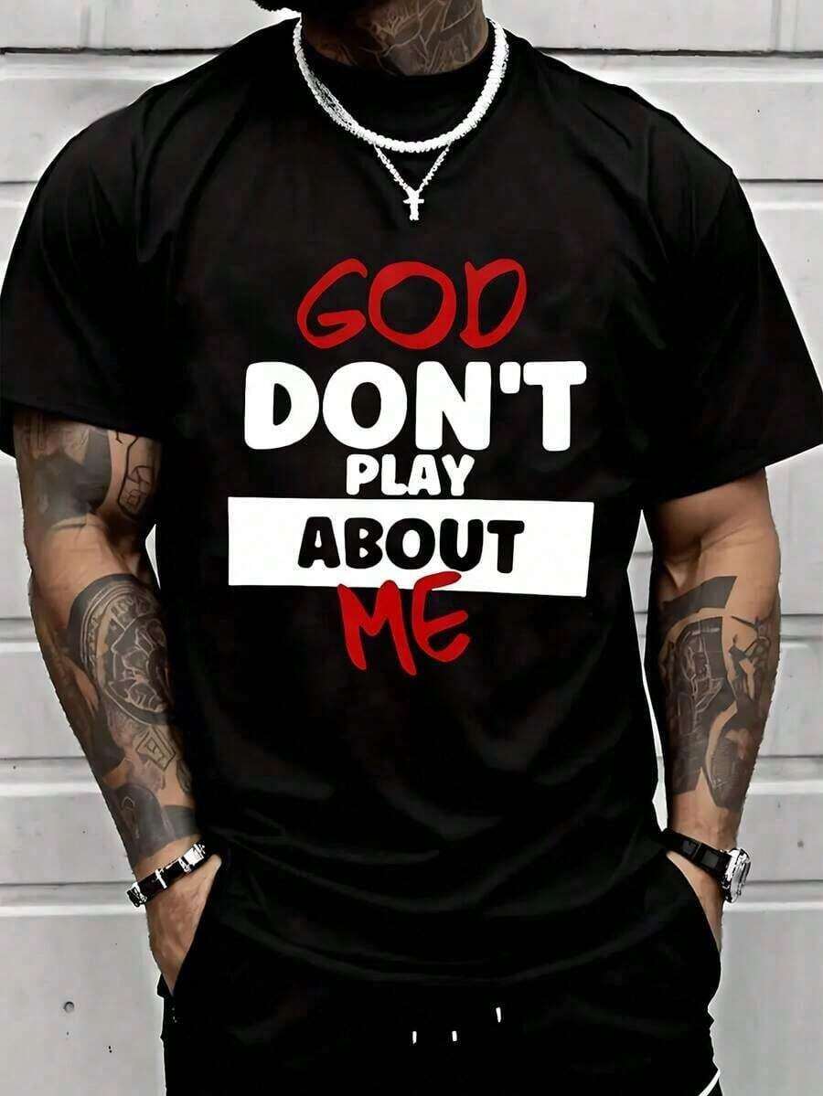 Unisex Casual T-Shirt, 100% Cotton, With Religious And Confident Graphic Text "God Doesn't Worry Me", Black - Colorful Graphic Print T-Shirt, Regular Fit, Crew Neck, Stretch Fabric, Inspirational Design. KHVH - 黑色 - 查看 1
