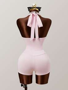 Conjunto de top halter de cuello en U y shorts sexy y casual - Rosa - Ver 9