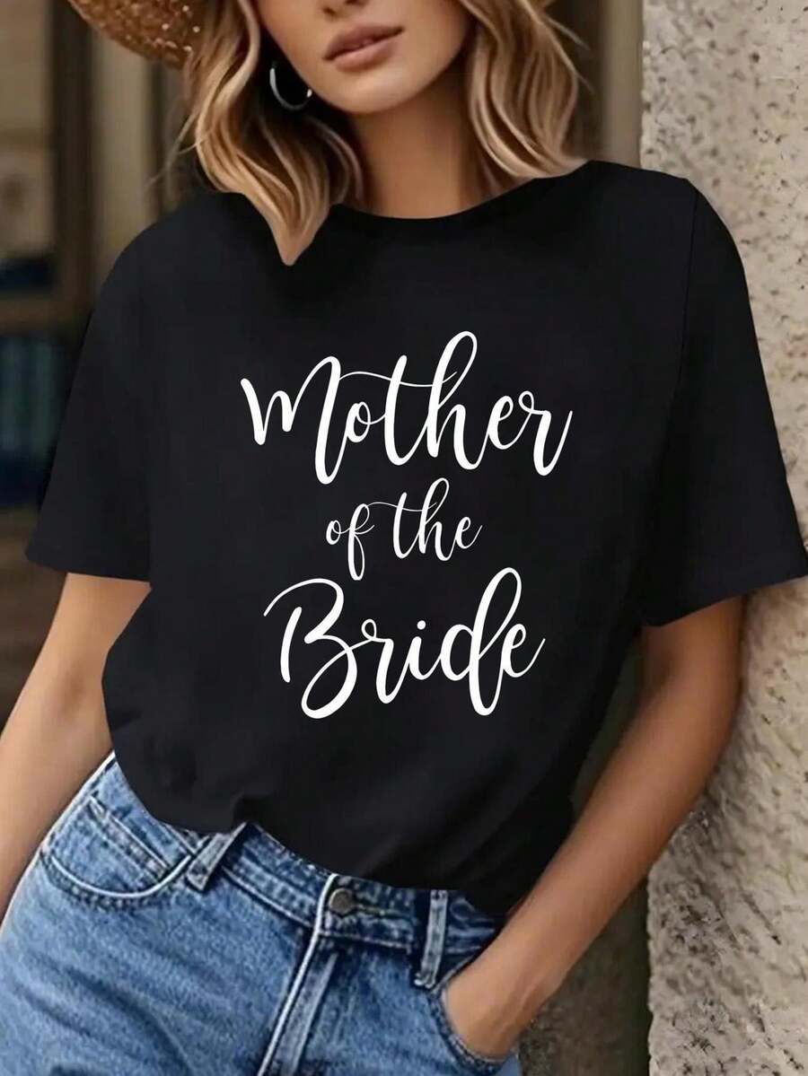 Camiseta con estampado gráfico para madres de la novia, con cuello de tripulación casual y mangas cortas, adecuada para todas las estaciones y diseñada para un ajuste regular