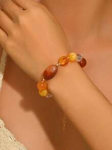 1pc Summer Beach Vacation Boho Style Mixed Color Agate Beaded Bracelet With Gold Spacer Beads, Adjustable Women Bracelet For Beach Party, Vacation, Music Festival - Beaded Bracelet - View 3