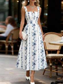 Nuevo Vestido elegante de cintura fruncida con estampado floral para mujeres, estilo de primavera/verano - Azul 2 - Ver 5