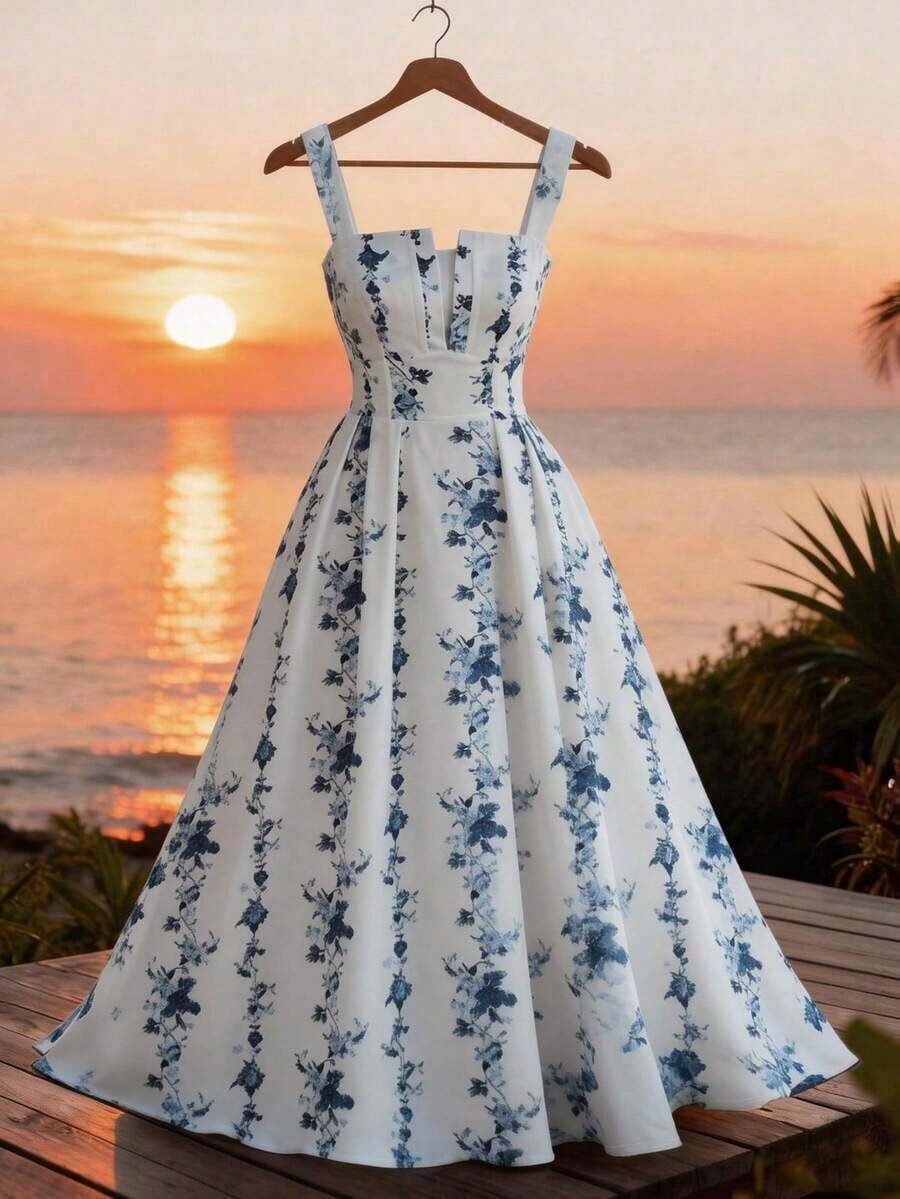Nuevo Vestido elegante de cintura fruncida con estampado floral para mujeres, estilo de primavera/verano - Azul 2 - Ver 1