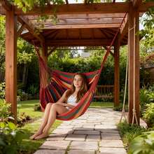 1Pc Oversized Hammock Swing Chair For Outdoor Patio, Garden & Balcony, Large Comfortable Hanging Chair With Anti-Rollover Design, Sturdy Frame, All-Weather Durable Textile Fabric, Portable Hanging Seat For Leisure, Reading Nook, Camping, And Relaxation - Multicolor - View 12