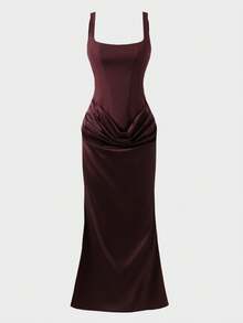Elegant Backless Zipper Dress, Woven Fabric, Casual Sexy Party Dress For Vacation, Formal Evening, Date Night, Wedding, Birthday Party, Brown Summer - Brown - View 8