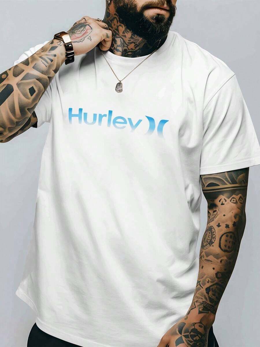 The New Summer 2026 Pure Cotton T-Shirt Features A Marine-Inspired Hurley Logo In A Gradient Blue Tone, Symbolizing Freedom, Adventure, And Coastal Lifestyle. 100% Cotton Men's Casual T-Shirt – Vintage Street Style, Unisex, Loose Fit, Short-Sleeved Round-Neck T-Shirt. Casual Versatile Comfortable Top - 白色 - 查看 1