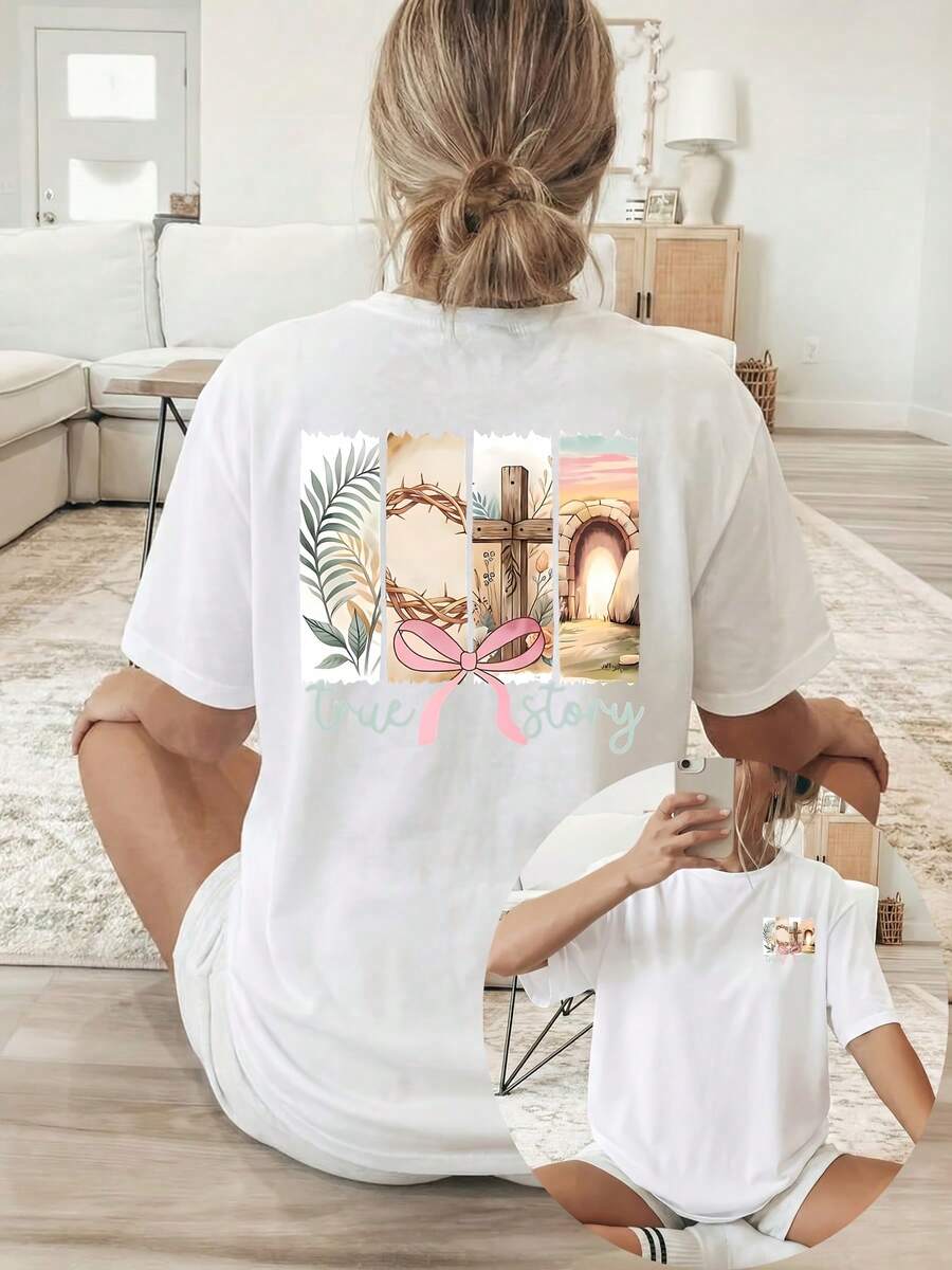 [Double-Sided Print] Women's T-Shirt, Short Sleeve, Round Neck, Casual Top, 4-Section Patchwork Pattern: Palm Leaf, Crown Of Thorns, Empty Tomb, With Pink Bow And "True Story" Lettering, Machine Washable, Suitable For Casual Wear, Multi-Purpose Clothing. - White - View 1